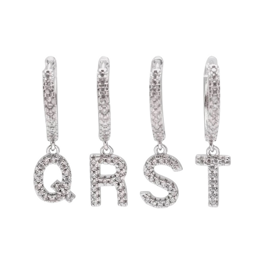 Studded Letters Earrings | White Rhodium Plated