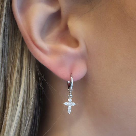 SMALL CROSS HOOPS | White Rhodium Plated