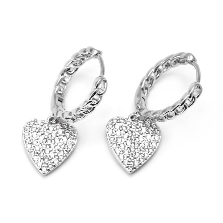 HEARTS & LINKS HOOPS EARRINGS | White Rhodium Plated