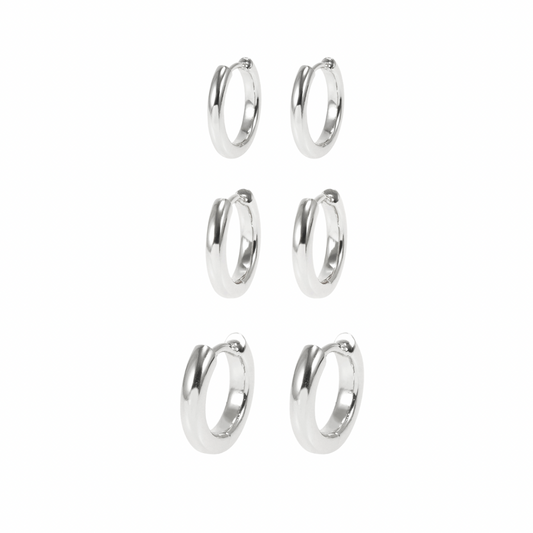 SMOOTH HOOPS TRIO EARRINGS  | Double White Rhodium Plated