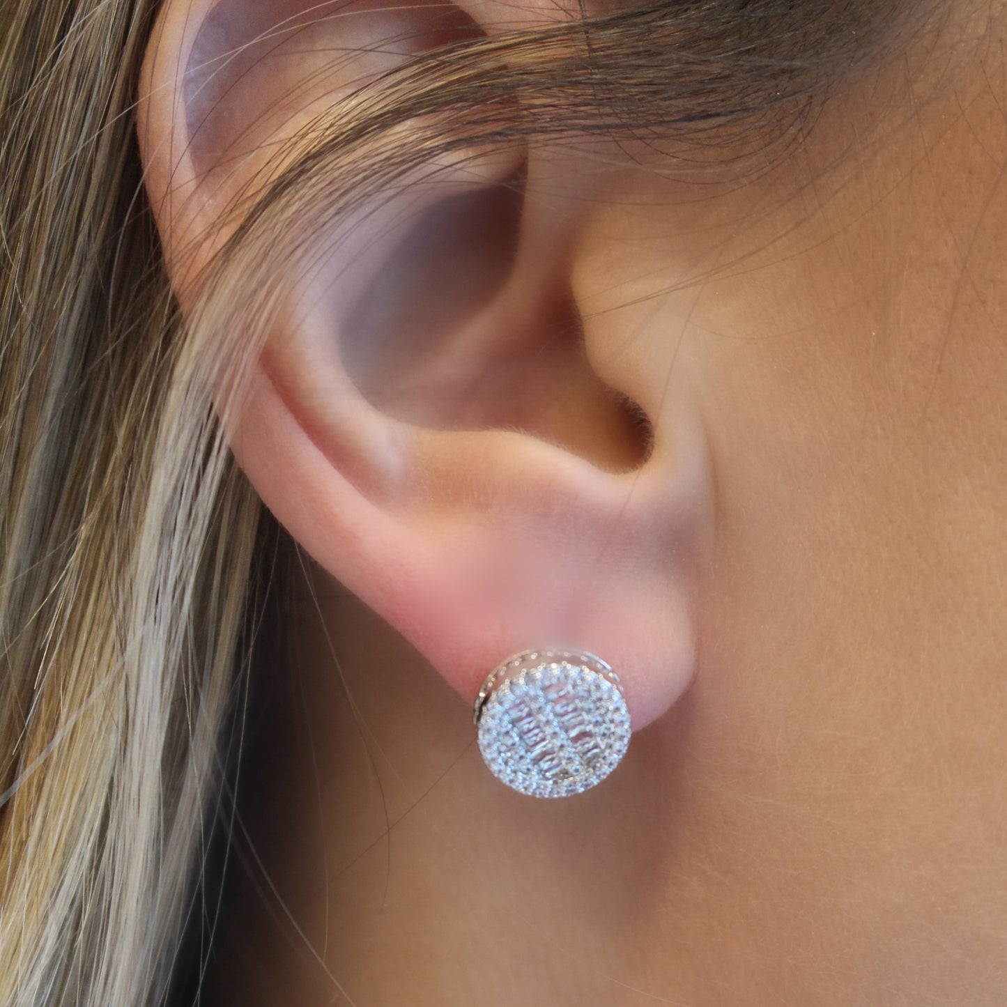FANCY BUTTON EARRINGS | White Rhodium Plated