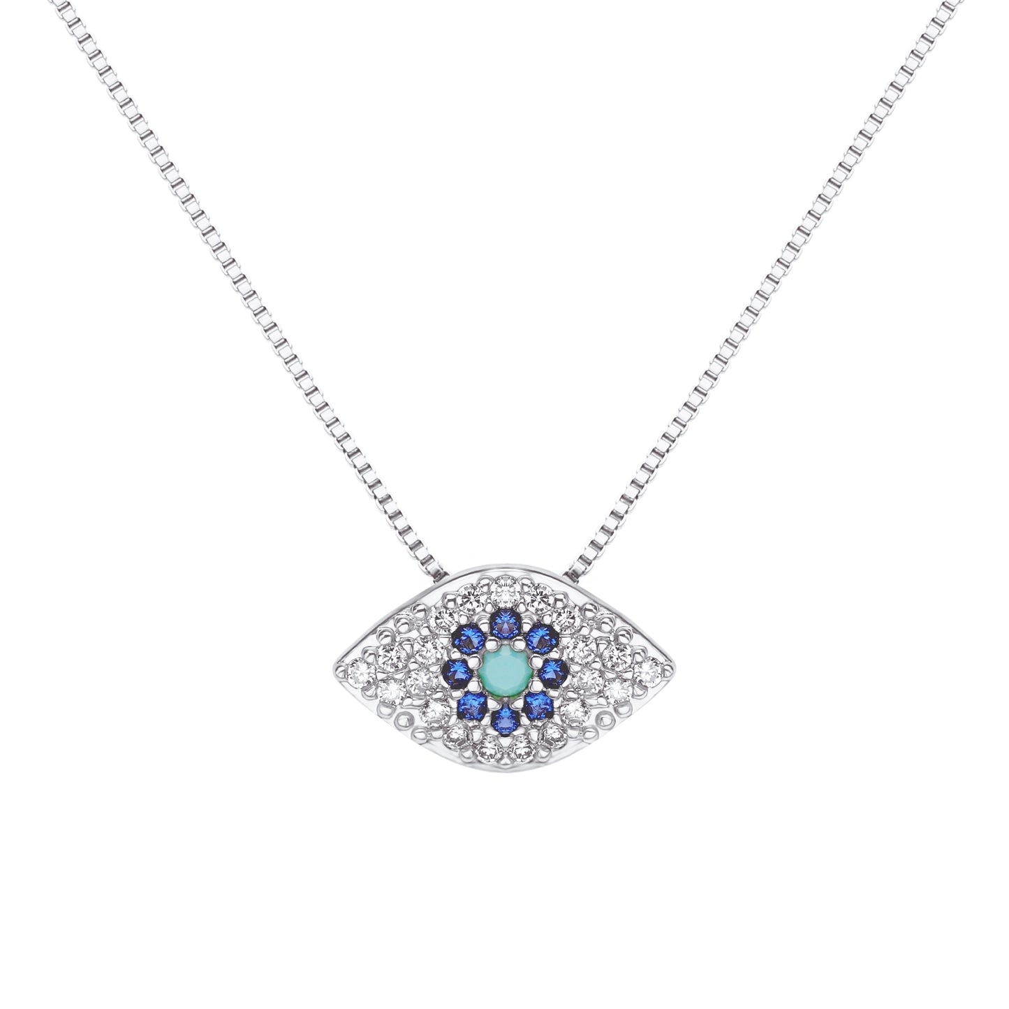 BLUE EVIL EYE NECKLACE | White Rhodium Plated