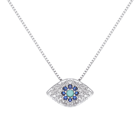 BLUE EVIL EYE NECKLACE | White Rhodium Plated