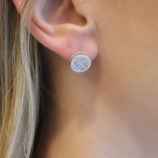 FANCY BUTTON EARRINGS | White Rhodium Plated