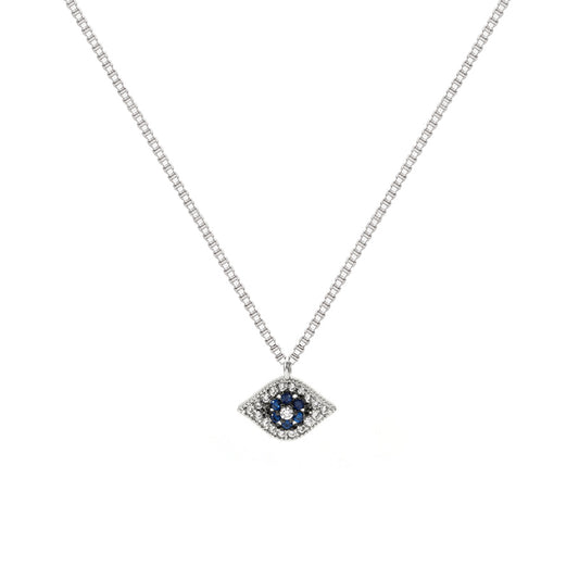 SMALL BLUE  EVIL EYE NECKLACE | White Rhodium Plated