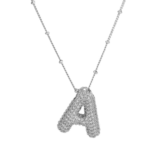 Studded Ballon Inicial Necklaces  A - Z | White Rhodium Plated