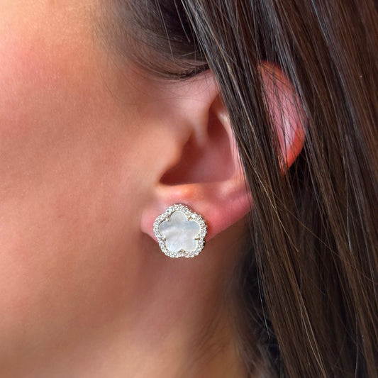PARIS MOTHER SHELL CLOVER EARRINGS | White Rhodium Plated