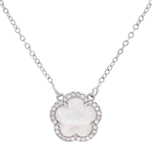 PARIS MOTHER SHELL CLOVER NECKLACE | White Rhodium Plated
