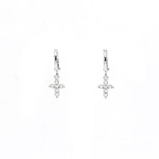 SMALL CROSS HOOPS | White Rhodium Plated
