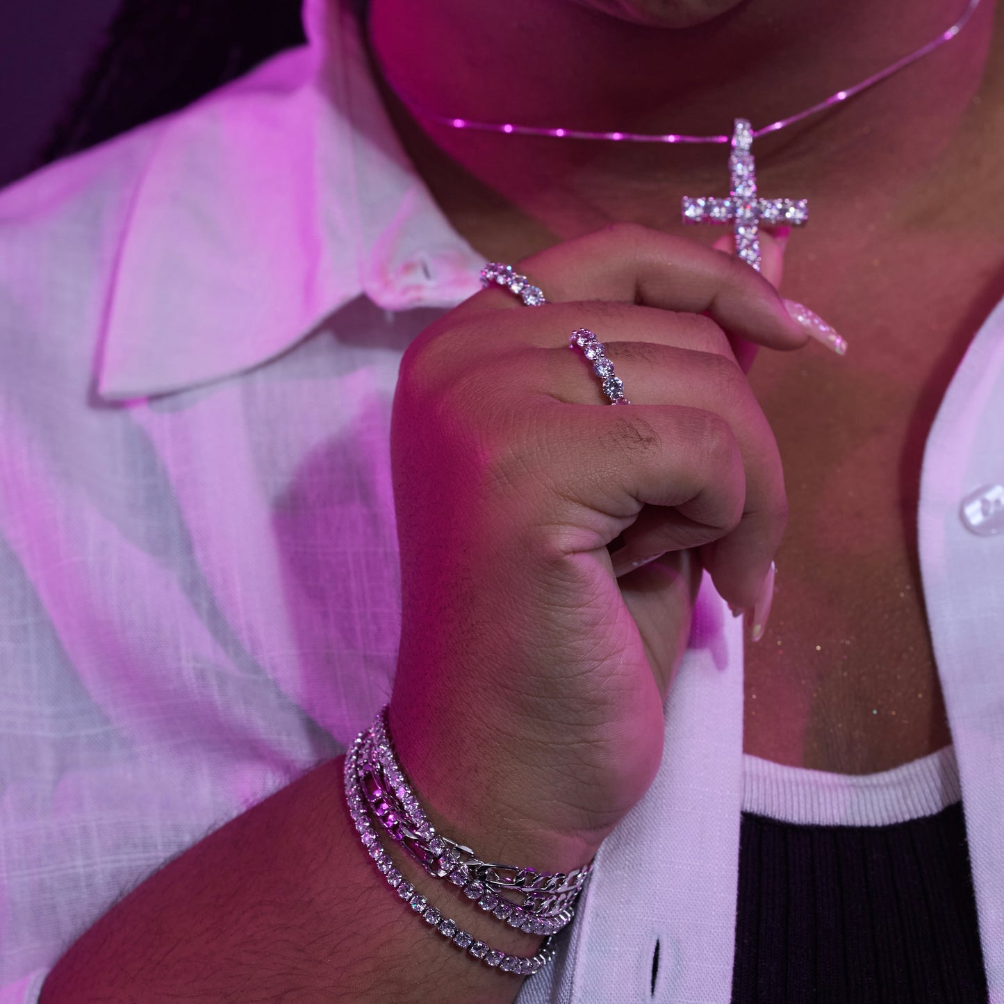BRYAN'S GLAMOROUS CROSS NECKLACE | Double White Rhodium Plated