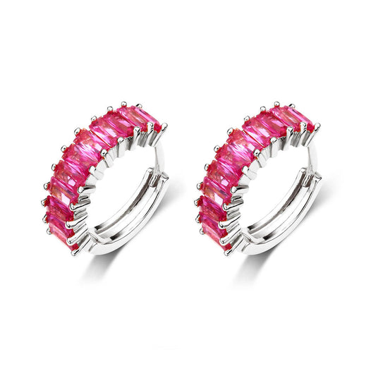 PINK STUDDED HOOPS EARRINGS | White Rhodium Plated