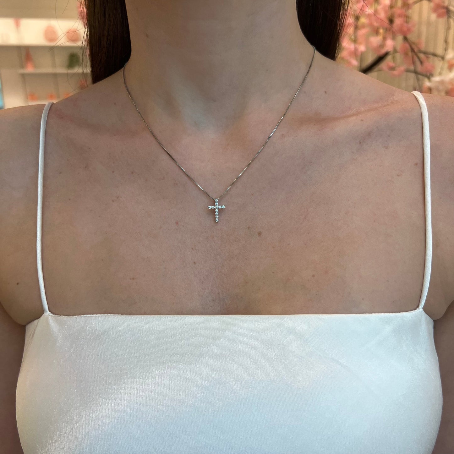 SMALL CROSS NECKLACE | Double White Rhodium Plated