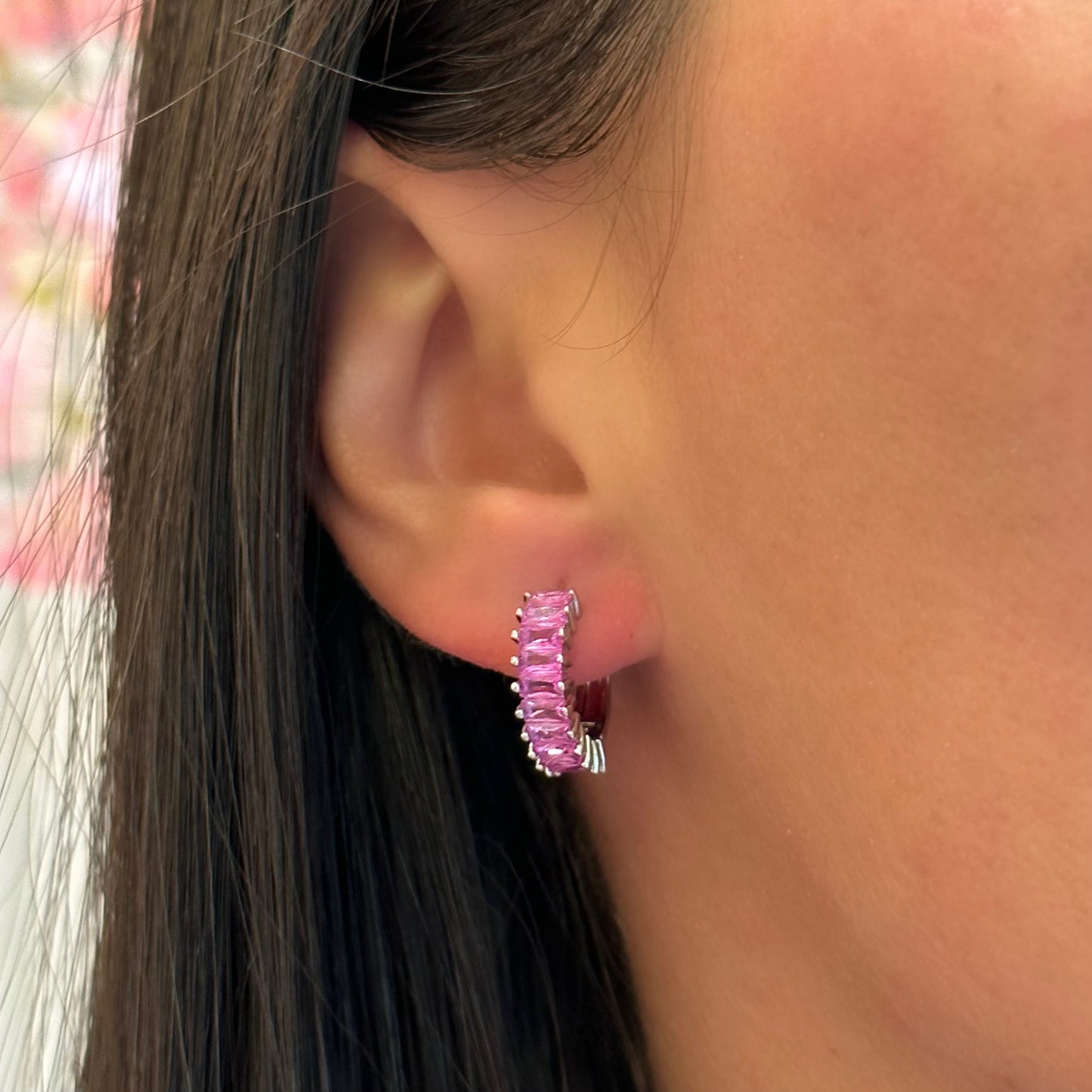 PINK STUDDED HOOPS EARRINGS | White Rhodium Plated