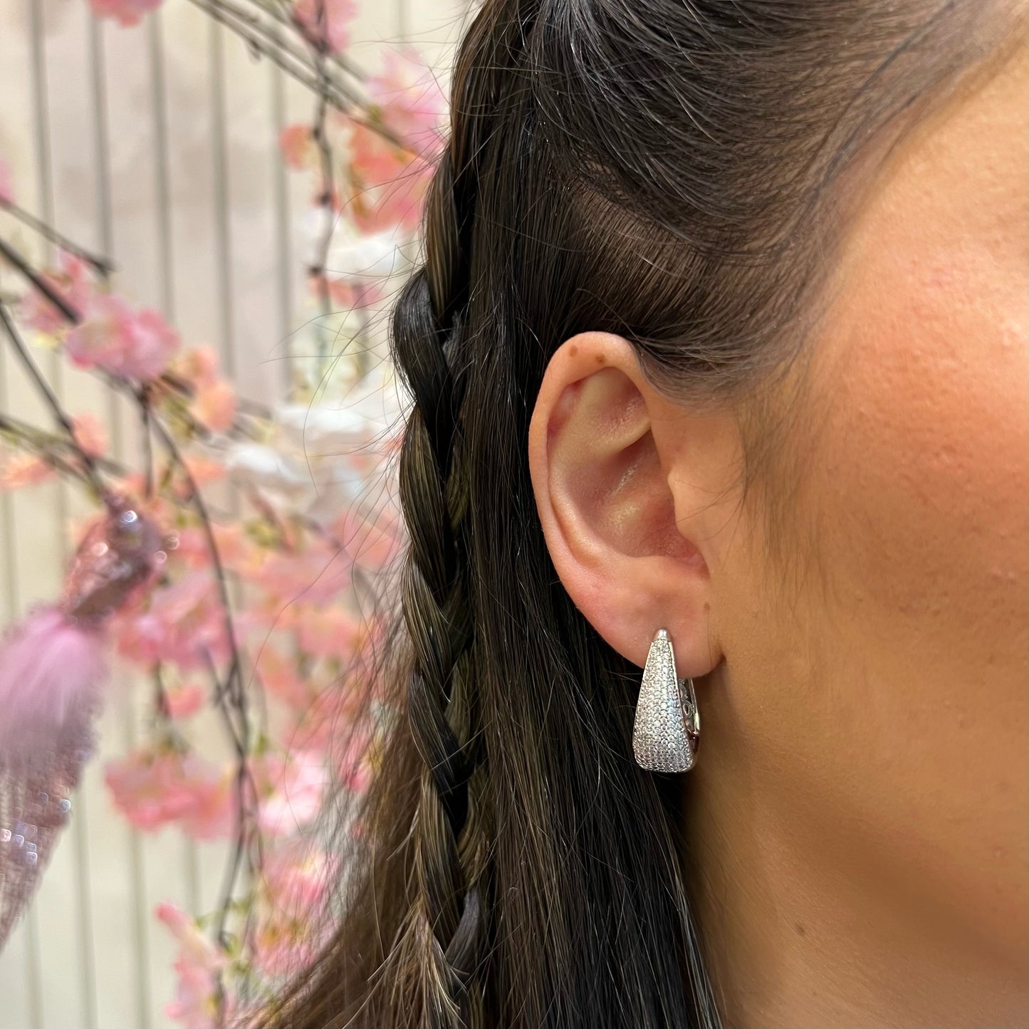 LUXURIOUS DROP STUDDED HOOPS | White Rhodium Plated