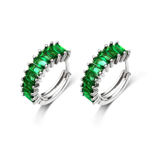 GREEN STUDDED HOOPS EARRINGS | White Rhodium Plated