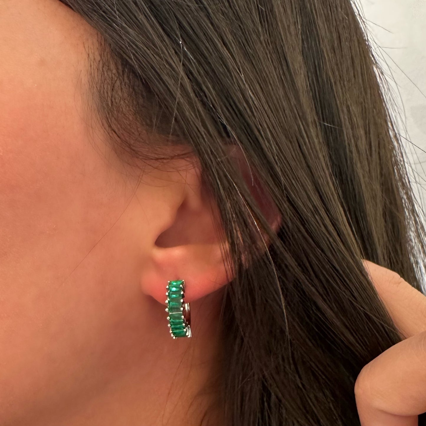 GREEN STUDDED HOOPS EARRINGS | White Rhodium Plated
